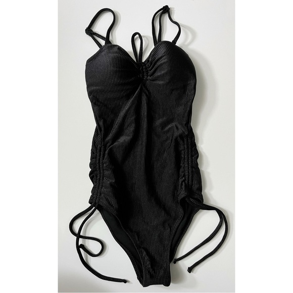 Aerie Shine Rib Strapless Cheeky One Piece Swimsuit Black NWT - Picture 3 of 6